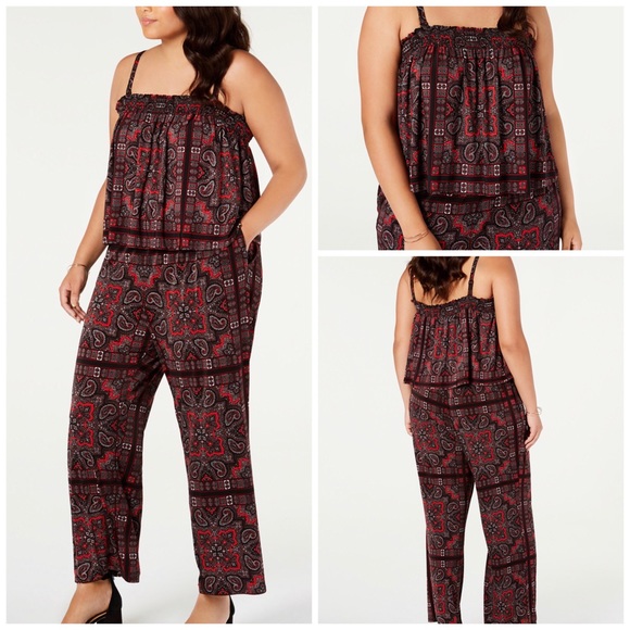 INC International Concepts Pants - 0X 2X 3X INC Black & Red Smocked Paisley Jumpsuit